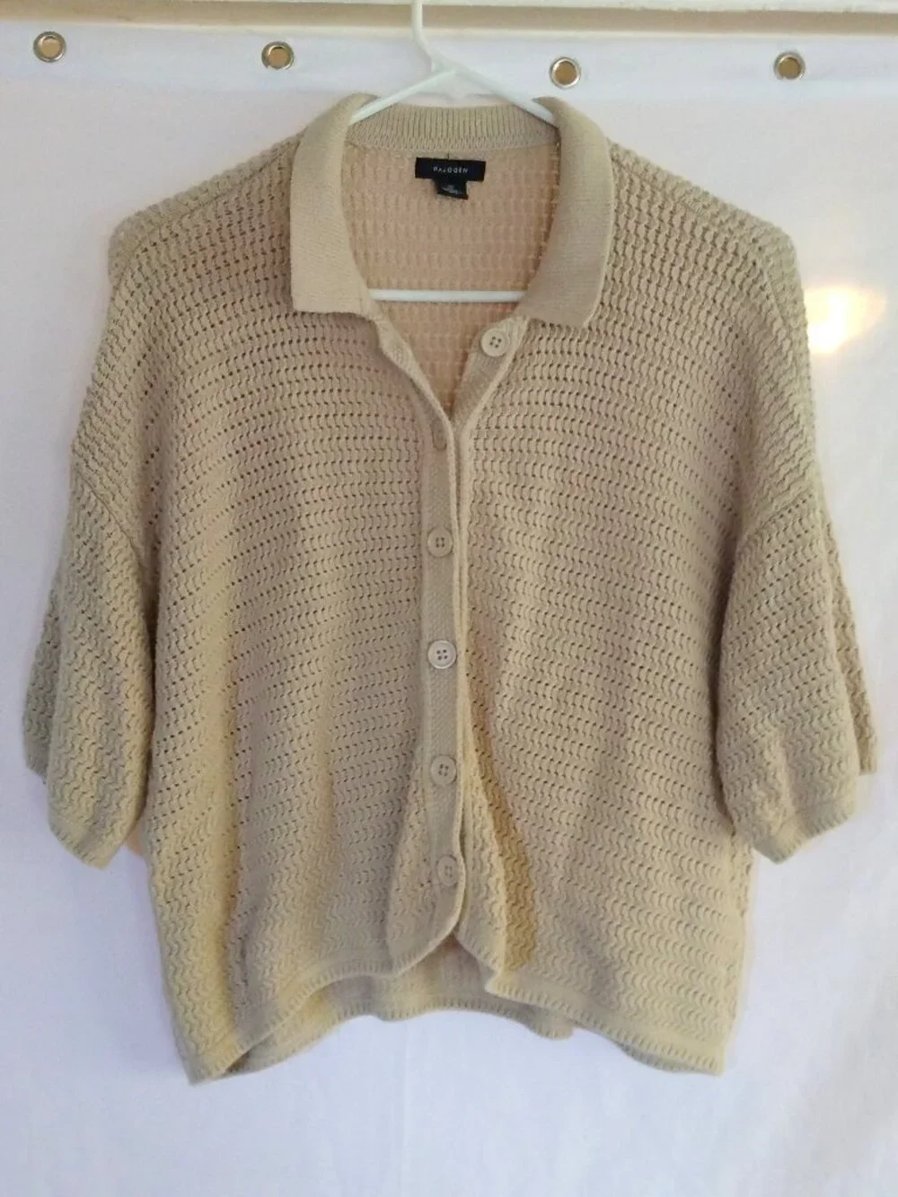 Halogen Beige Cotton Knit Cropped Sweater Cardigan M Boho Chic Relaxed Neutral